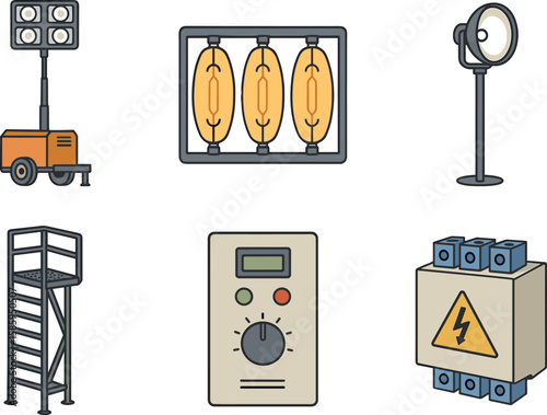 Industrial equipment icons: lighting tower, floodlight, control panel, transformer
