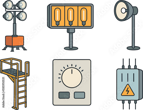 Industrial items: lighting equipment, ladder platform, control panel, electrical box