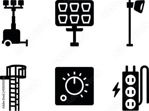 Black icon set of construction lights and electrical symbols