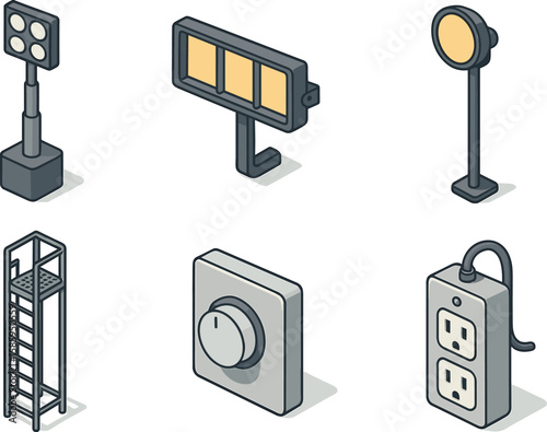 Isometric icons of industrial equipment: lights, ladder, dial, outlet