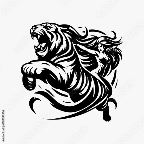 Fierce Tiger and Woman Silhouette Powerful Symbol of Strength and Beauty.