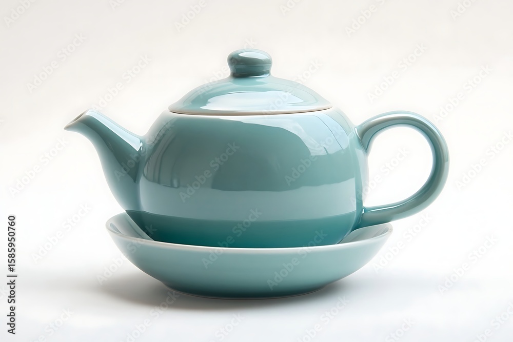 Elegant light blue teapot with lid and saucer, ready for tea time, on white background Elegant light blue teapot with lid and saucer, ready for tea time, on white background