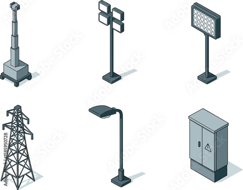 Utility structures and equipment in isometric style illustration