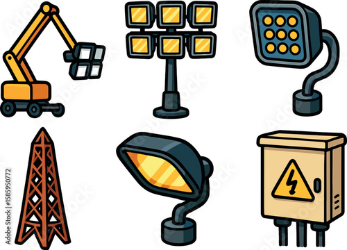 Construction and electrical equipment icons - crane, floodlight, transmission tower