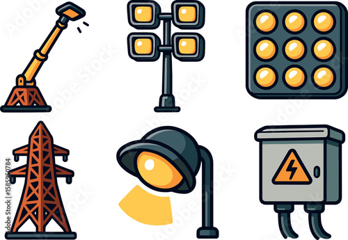 Industrial equipment icons: crane, tower, floodlights, warning signs