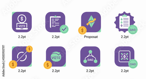 A set of eight colorful app icons depicting financial and voting processes, proposals, and organizational charts.