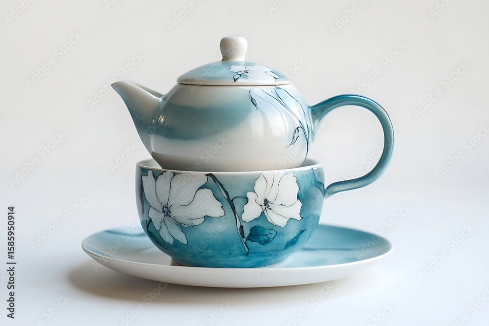 Porcelain tea set with floral design teapot, teacup, and saucer for elegant tea time Porcelain tea set with floral design teapot, teacup, and saucer for elegant tea time