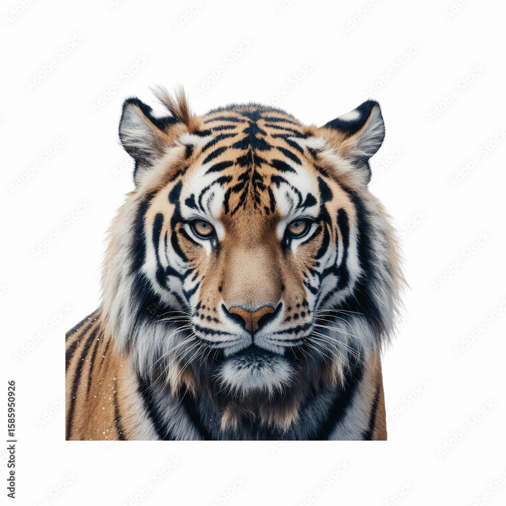 Obraz premium Majestic Tiger Portrait: A close-up view of a striking tiger's face, its piercing gaze and bold stripes convey a sense of power and grace.