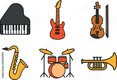 Illustrated musical instruments collection: piano, guitar, violin, saxophone, drums, trumpet