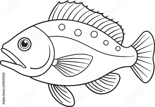 Grouper fish line art in black and white for coloring books and marine design projects