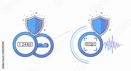 Two digital security icons with shields and data visualization, one showing numerical data and the other an audio waveform.