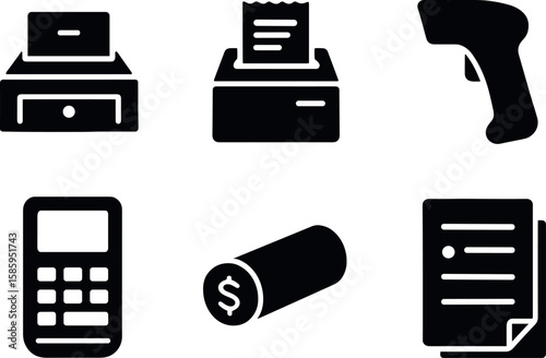 Point of sale icons: pos drawer, receipt printer, barcode scanner, calculator, currency, document