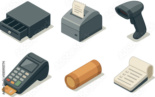 Retail technology icons - cash register, receipt, scanner, card reader, paper roll, receipt pad
