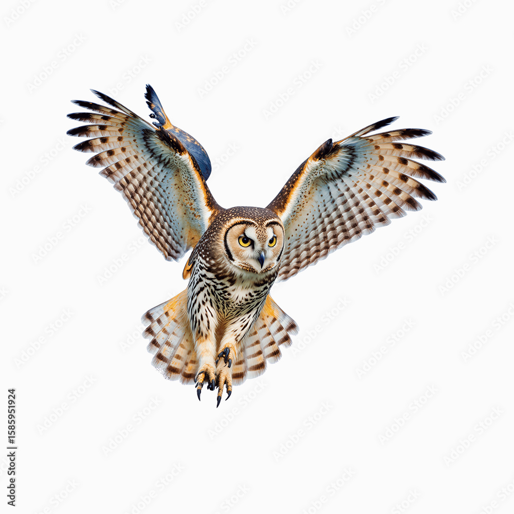 Fototapeta premium Soaring Spectacle: Witness the majestic grace of an owl in full flight, its wings outstretched in a captivating display of freedom and power.