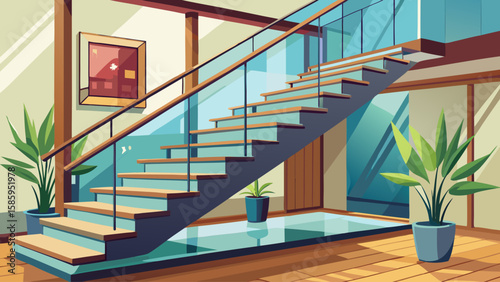Indoor staircase with wooden steps, glass railing, and a small decorative corner plant, isolated on white. Modern interior element. Vector illustration