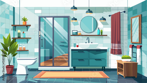 Modern bathroom interior with vanity, sink, mirror, and glass shower cabin, isolated on white background. Contemporary home layout. Vector illustration