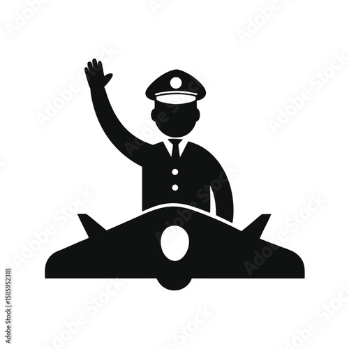 Silhouette of airplane pilot waving from cockpit with confident pose on white background
