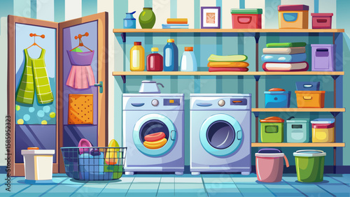 Realistic laundry room with front-load washer and dryer, shelves with detergent, laundry basket, isolated on white. Clean and organized utility space. Vector illustration