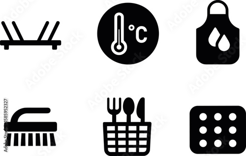 Kitchen icons: dish rack, thermometer, apron, brush, cutlery, soap bubbles