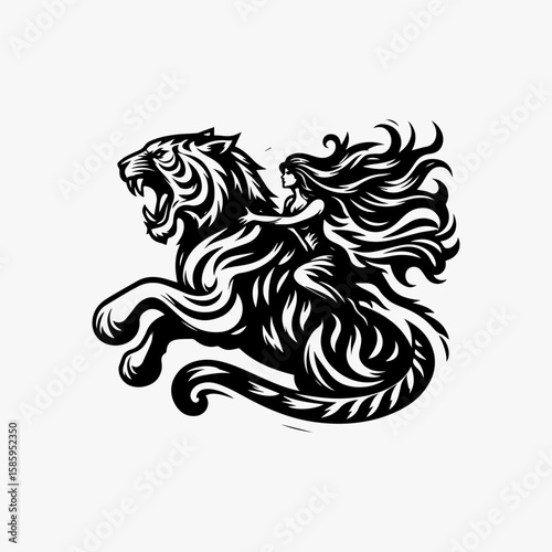 Wallpaper Mural Woman Riding a Leaping Ornate Tiger Black Ink Style. Torontodigital.ca