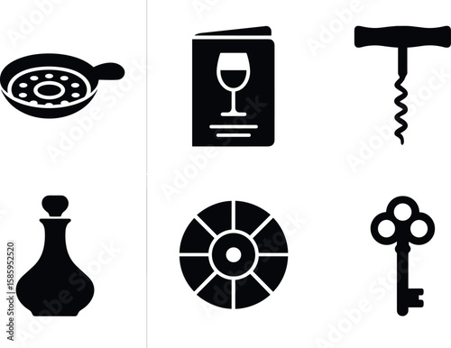 Kitchen and wine icons set with frying pan, menu, corkscrew, decanter, wheel, and key