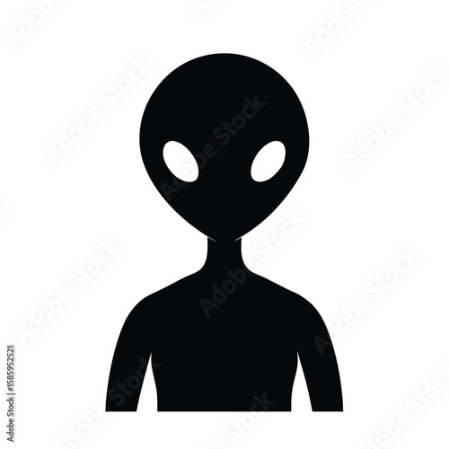 Silhouette of alien with big head and large eyes looking curiously on white background