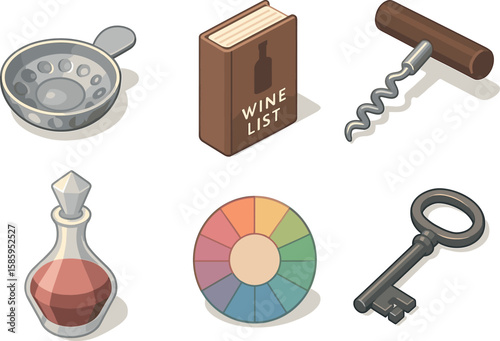 Wine accessories and tools with key and color palette illustration