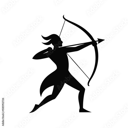 Silhouette of archer pulling bow back in dynamic aiming pose on clean white background