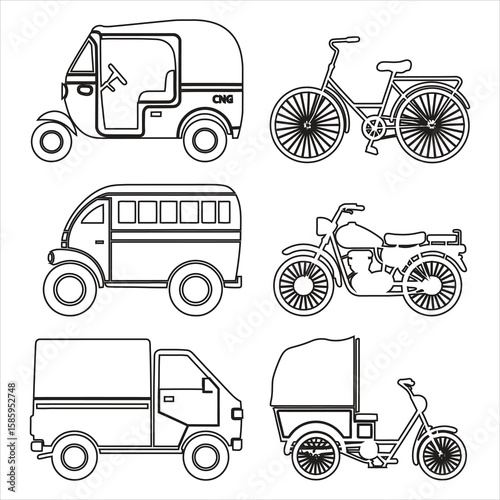 Various vehicles including auto rickshaw bicycle motorcycle truck and cargo trike vector