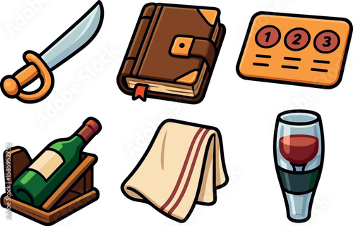 Cartoon icons: sword, book, ticket, wine bottle, towel, wine glass