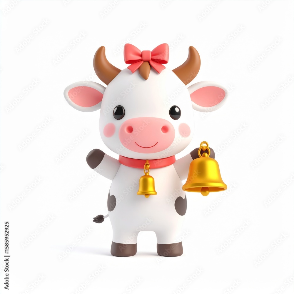 Fototapeta premium 3D Cow with Bell and Red Bow