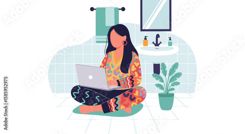 A young woman sits cross-legged on the bathroom floor, working on her laptop, in a bright, clean, and modern environment, showing a relaxed and productive scene.