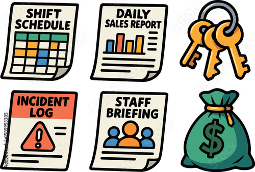 Business documents and keys illustration with dollar bag