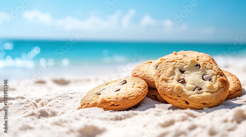 Bright cookies and biscuits on lounger at the beach with soft sand and clear skies
