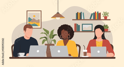 Diverse team collaborates on laptops in a modern co-working space, illustrating productive remote work and digital communication.