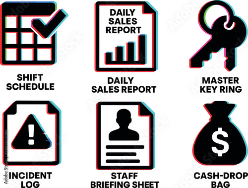 Business icons: schedule, sales report, key, incident log, briefing, cash bag