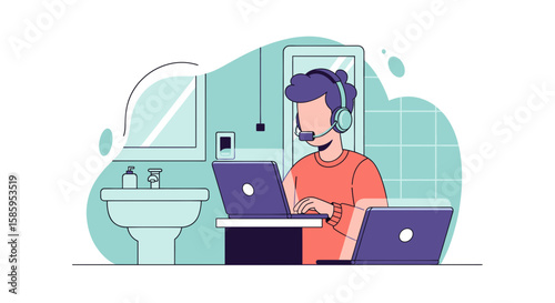 A modern flat illustration depicts a man in a headset working diligently on two laptops from an unconventional bathroom setting.