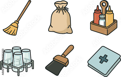 Household objects collection: broom, sack, condiments, glasses, brush, first aid box