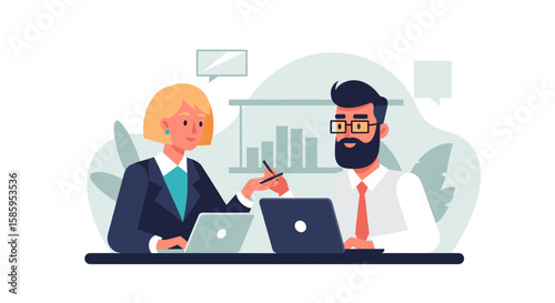 Two professional colleagues collaborate on a project, discussing important business strategies while working together in a modern office environment.