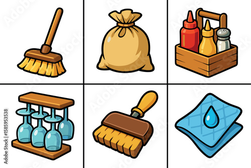 Cartoon cleaning and cooking tools set with broom, bottles, and glasses