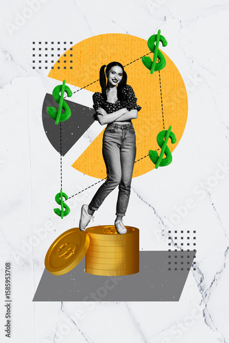 Sketch design trend artwork poster 3D photo collage of young lady stand stack coins dollars diagram income economy bank budget trade