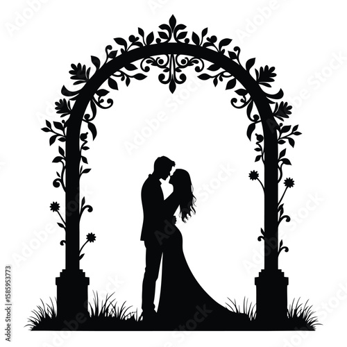 Couple embracing under decorative floral arch silhouette embrace
