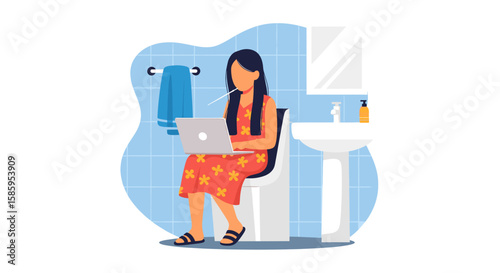 A young woman in a colorful dress is multitasking by working on her laptop while sitting on the toilet in a modern bathroom.