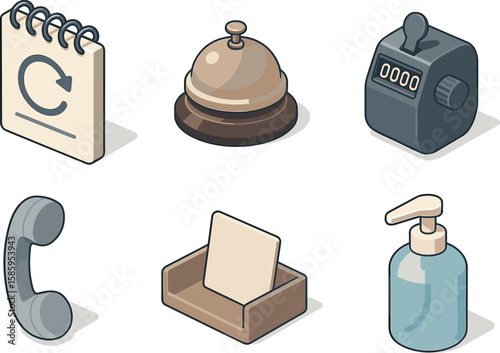 Hotel icon set featuring bell, calendar, counter, phone, paper tray, dispenser