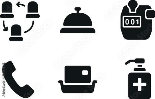 Icon set with communication, service bell, counter, telephone, card holder, sanitizer