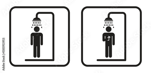 Set of icons of men taking a shower. Shower bathroom information sign. Bathroom with shower. Vector illustration