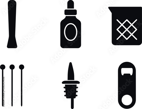 Bar tools set: muddler, dropper bottle, jigger, stir sticks, pourer, bottle opener icons