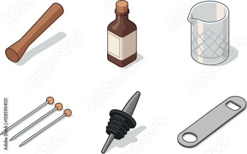 Cocktail tools set: muddler, bottle, beaker, picks, pourer, opener