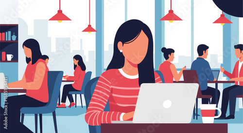 A young woman works on her laptop in a modern, busy co-working space filled with other professionals collaborating and using technology.