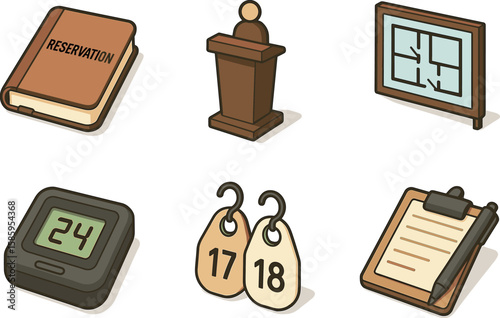 Collection of reservation book, podium, blueprint, timer, key tags, clipboard icons